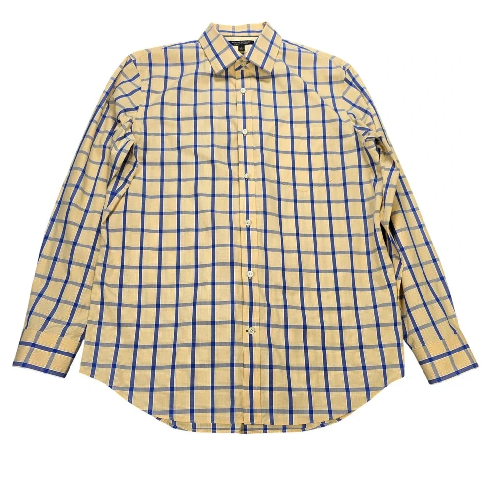 Banana Republic Plaid Classic Fit Shirt Men's Size L Yellow Blue Non-Iron Cotton